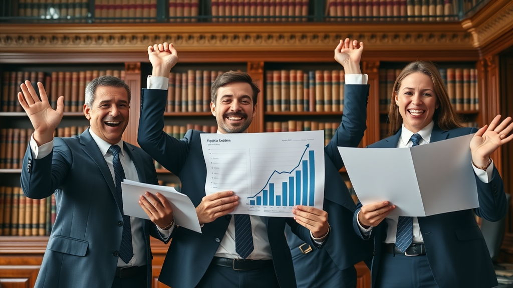 law firm team celebrating growth from effective keyword research in classic law library
