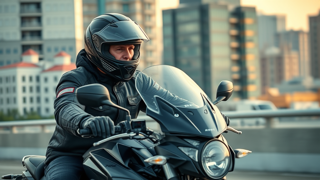 experienced motorcycle safety courses rider practicing swerve maneuver in full gear, urban backdrop