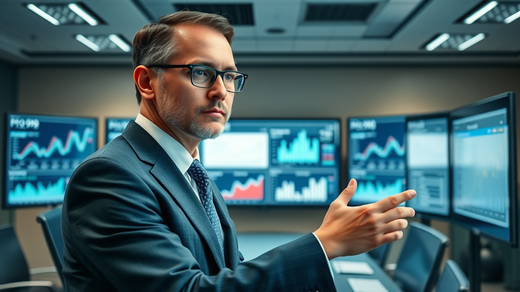 Analytical law firm manager reviewing social media analytics for online reputation, law firm conference room, data dashboards