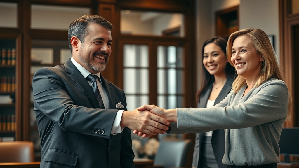 personal injury law empathetic legal team client shaking hands after resolution