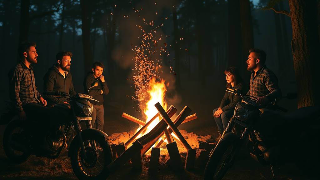 group of motorcyclists sharing stories around a campfire, dispelling myths, night scene