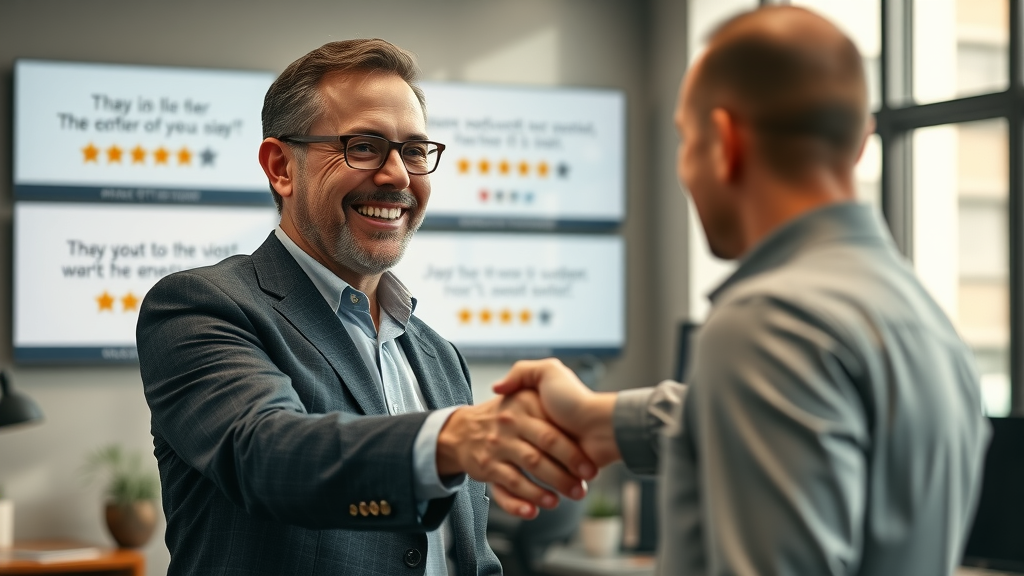 Happy motorcycle accident client giving a positive testimonial and five-star review to injury lawyer