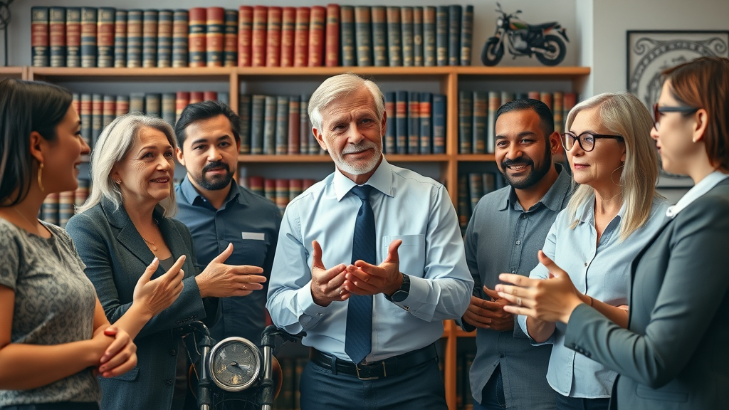 motorcycle lawyer advertising tips - lawyer discussing legal options with diverse motorcycle accident victims in office setting