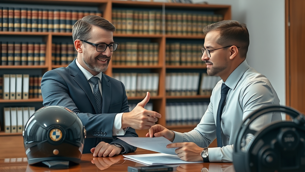 Professional motorcycle accident attorney consulting with a client, modern office, legal books, motorcycle helmet, handshake