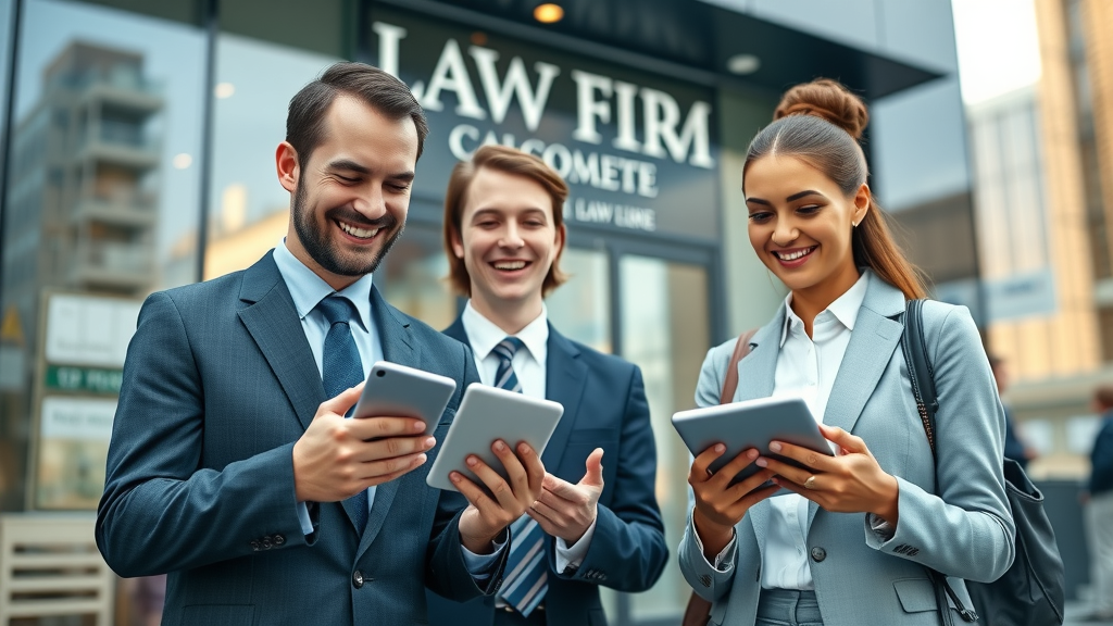 Modern law firm professionals engaging with social media on tablets; legal marketing on social media