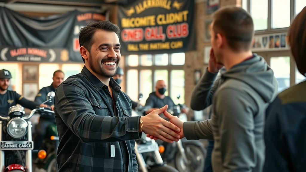 Motorcycle influencer greeting riders at a club meetup, building connections for motorcycle rally audience targeting.