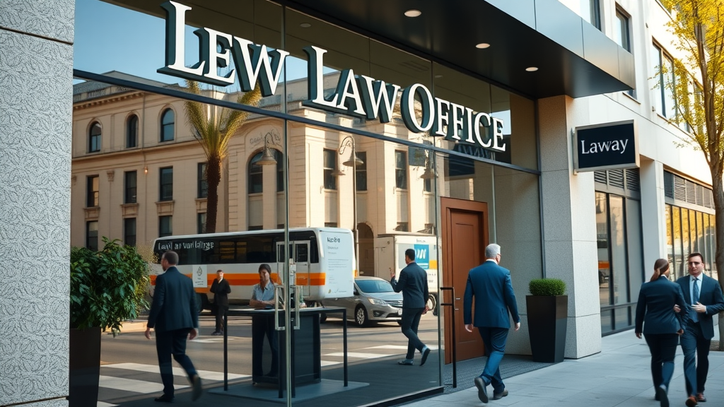 Online lead generation for lawyers at a modern law office exterior with glass-fronted entrance, legal branding, and clients entering