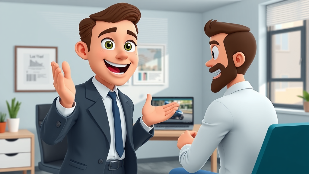Lawyer presenting video to motorcycle accident victim, engaging, laptop display, modern office, dynamic digital video elements