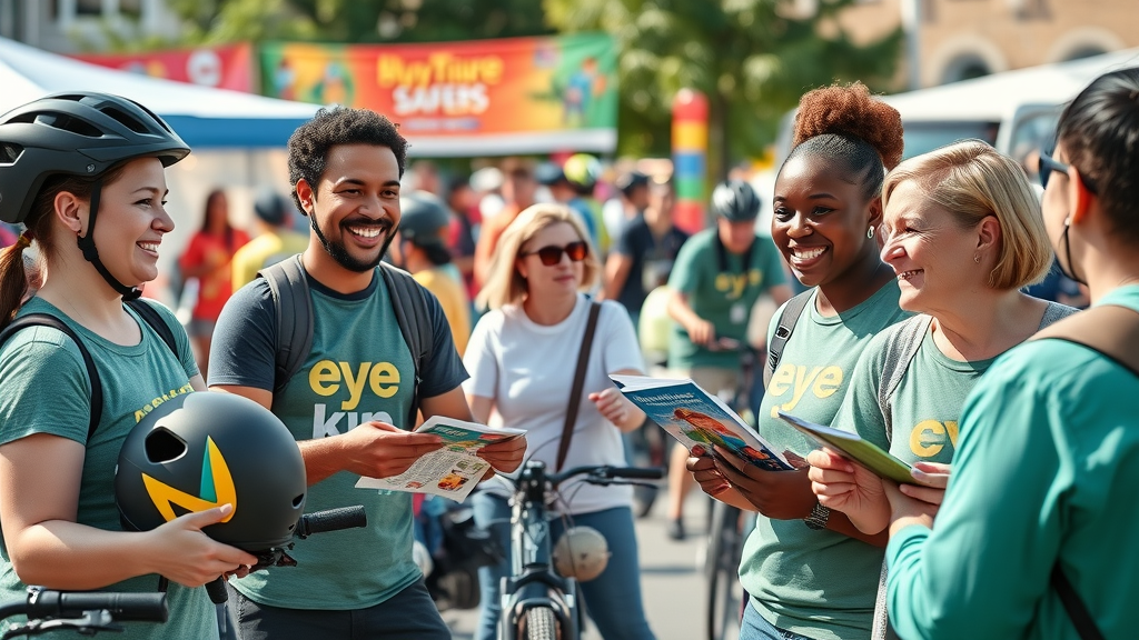 inspiring community event with riders and volunteers distributing safety brochures and helmets for motorcycle safety awareness