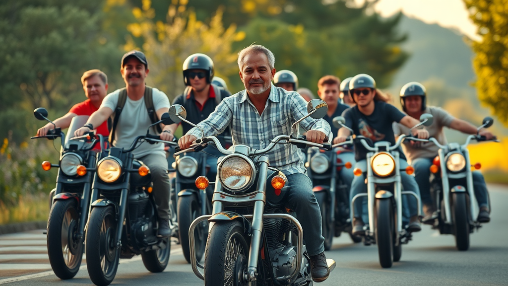 dynamic group of diverse motorcyclists riding safely in formation along a scenic road for motorcycle safety campaigns