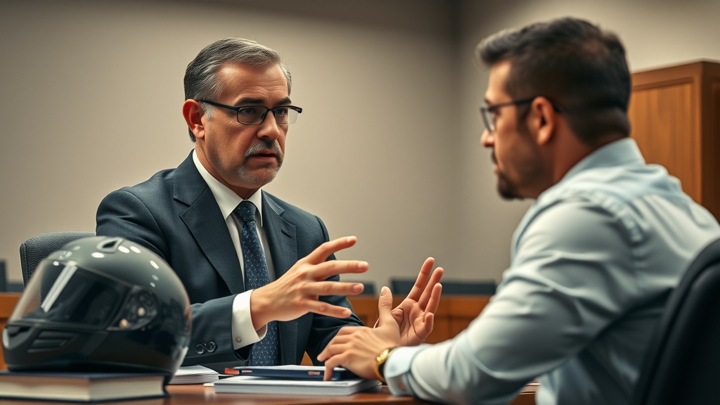 Motorcycle injury attorney promotion in modern law office with client, legal books, and motorcycle helmet.