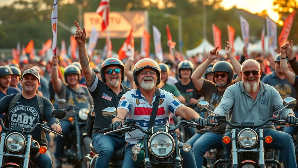 Enthusiastic bikers at a local rally, waving branded gear and embracing community building brand loyalty among riders.