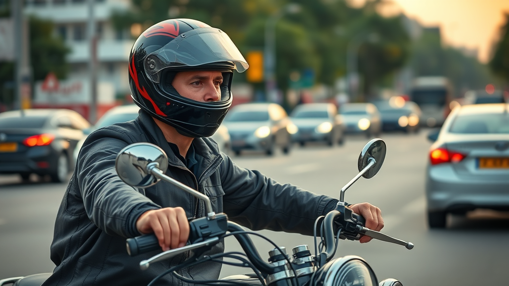 motorcycle safety, vigilant motorcyclist performing shoulder check, accident prevention on urban road