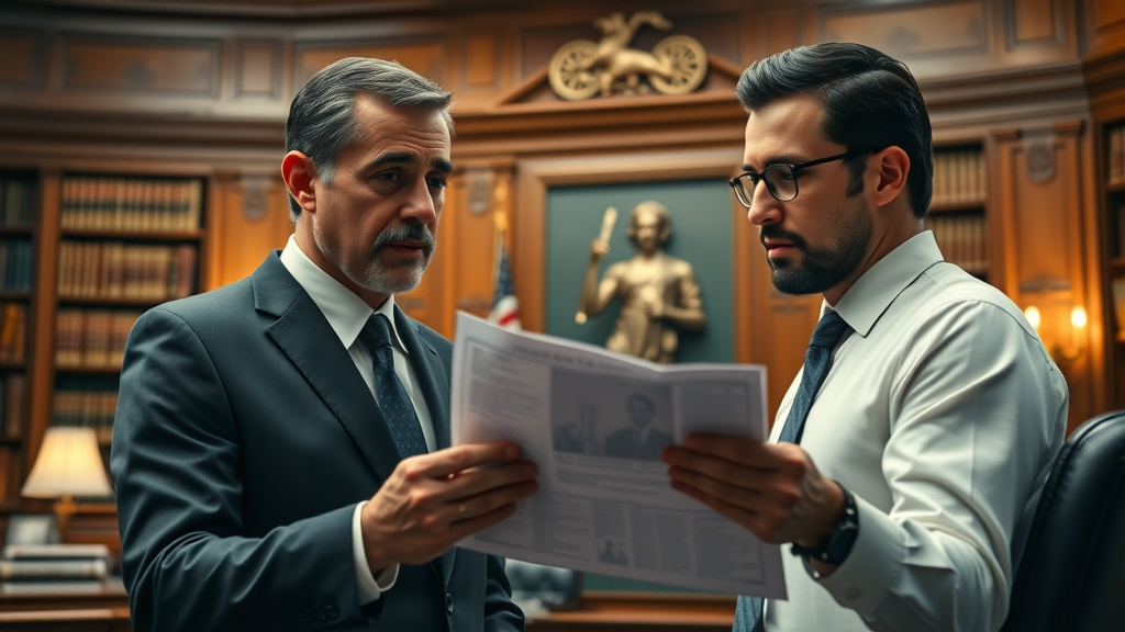 Motorcycle accident client and personal injury lawyer presenting evidence in courtroom for motorcycle lawyer video marketing